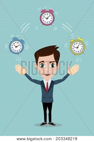 Businessman juggling with alarm clocks, symbolizing time management. Stock flat vector illustration.