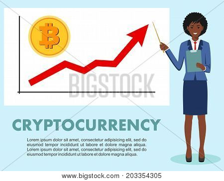 Businesswoman and graph with trend line rising up and coin with a sign of bitcoin in flat style isolated. Bitcoin sign digital currency cryptocurrency electronic money. Cryptocurrency concept. Bitcoin mining exchange mobile banking.