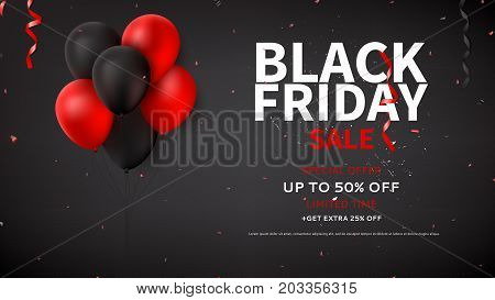Black Friday sale web banner template. Dark background with red and black balloons for seasonal discount offer. Vector illustration with confetti and serpentine.