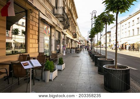 Warsaw, Poland - August 2, 2017: Architecture And People On The Street New World In Warsaw.