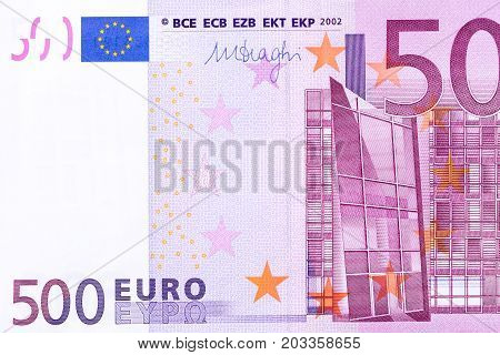 Photo of five hundred euro banknote in macro shot. High resolution photo.