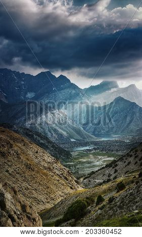 Rainy Landscape Of Beautiful Rocky Fan Mountains In Tajikistan