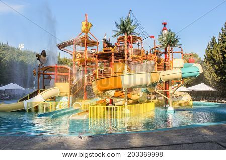 Yalta, Crimea - 11 July, Children's water slides, 11 July, 2017.
Surroundings and adjacent areas of the hotel Yalta Intourist.