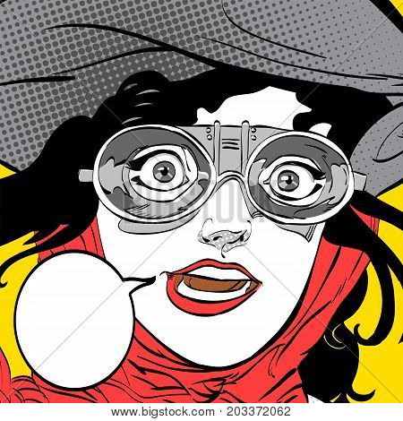 Young smiling driver. Girl pilot. Woman pilot. Air sport. Smiling pilot. Concept idea of advertisement and promo. Halftone background. Pop art retro style illustration.