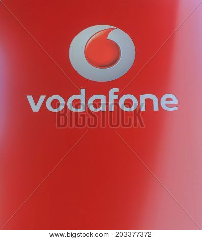 LISBON, PORTUGAL - JUNE 7, 2017: Vodafone logo. Vodafone Group - world famous British multinational telecommunication company. Global mobile operator, provide IT services for clients in many countries
