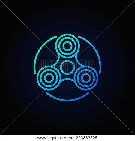Hand fidget spinner blue icon - vector stress reducer toy concept symbol or logo element in thin line style on dark background