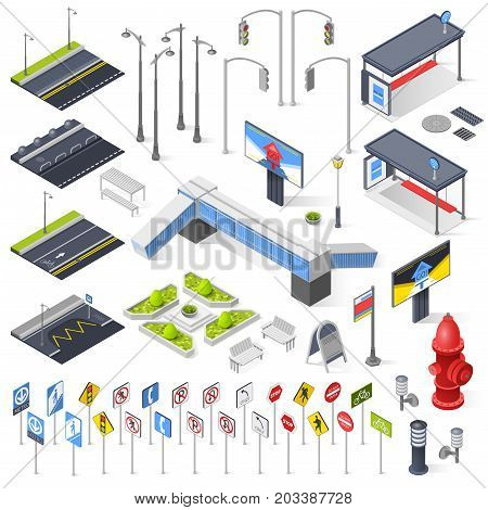 Set of city street isometric elements for construction of urban landscapes with lights bench road sections with markings traffic signposts isolated vector illustration