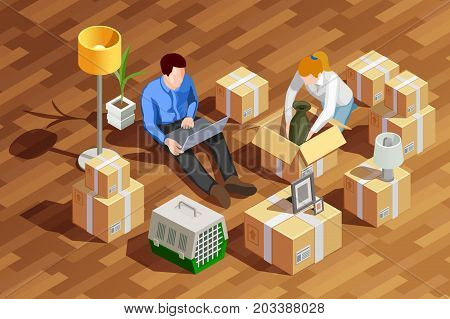 Moving people isometric composition with married couple human characters unpacking cardboard boxes in the new apartment vector illustration