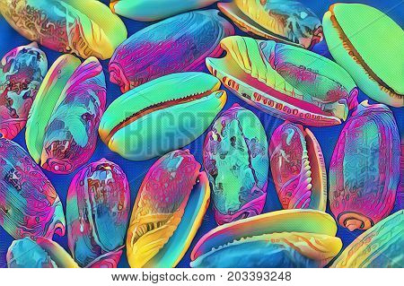 Fantastic neon sea shell on dark background. Marine seashells. Nautical decor or wallpaper. Artistic seashore print. Summer vacation memories card. Tropical beach finding. Shell digital illustration