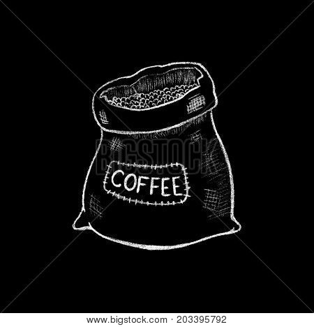 White chalk burlap coffee sack drawing. Rustic burlap coffee sack. Coffee bean package by white chalk on chalkboard. Blackboard coffee bag icon for cafe or restaurant menu decor. Vintage burlap sack