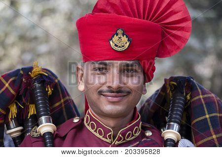 NEW DELHI INDIA - JANUARY 23 2017 : Soldiers take part in rehearsal activities for the upcoming India Republic Day parade which will be held January 26 at Jawaharlal Nehru stadium