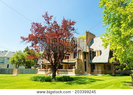 OAK PARK IL - MAY 14: Nathan G Moore house built by architect Frank Lloyd Wright in Oak Park Illinois on May 14 2017