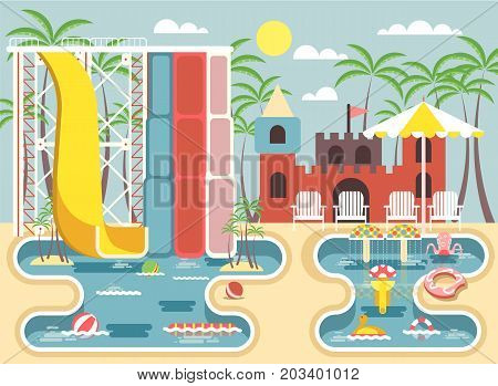 Stock vector illustration of exterior water park, outdoor landscape, aqua park with water slides, entertainment, fountain, swimming pool, deckchairs under sun umbrella in flat style to infographic