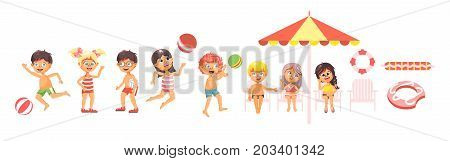 Stock vector illustration isolated cartoon characters children, boys and girls resting in swimsuits, swimming trunks, beachwear playing ball, sitting under sun umbrella flat style on white background