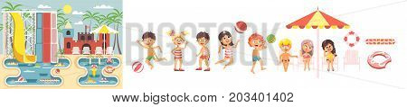 Stock vector big set isolated cartoon characters children, boys and girls resting swimsuits, swimming trunk, beachwear playing ball, sun umbrella flat style white background, aqua water park landscape