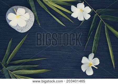 Bamboo leaf and frangipani flower on dark background. Cinematic toned photo. Tropical leaf and flower. Floral flat lay on rustic backdrop. Plumeria flower bamboo leaf wreath. Natural frame top view