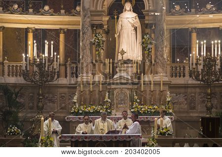 BUDAPEST, HUNGARY - AUGUST 20, 2017:Religious Mass Service in the Basilica of St. Istvan in honor of St. Istvan Day