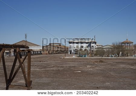 Chacabuco, Antofagasta Region, Chile - August 19, 2017: Town square and theatre in the derelict nitrate mining town of Chacabuco in the Atacama Desert of northern Chile