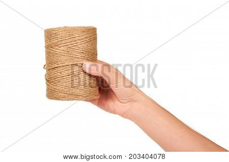 Spool Of Bale Twine Isolated In Hand On White Background