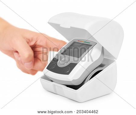 Blood Pressure Measurement Equipment Tensiometer In Hand Isolated On White Background