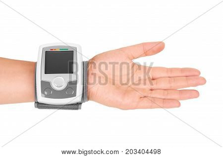 Blood Pressure Measurement Equipment Tensiometer In Hand Isolated On White Background