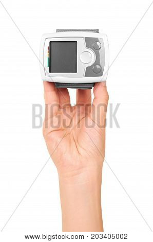 Blood Pressure Measurement Equipment Tensiometer In Hand Isolated On White Background