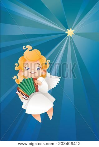 Christmas background design with accordionist angel musician. Happy smiling flying in the night sky cute cartoon kid play music on accordion to star. Good siut for card, music collection box cover