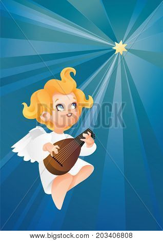 Christmas background design with luteist angel musician. Happy smiling cute cartoon kid flying on a night sky play music on lute to star. Good siut for card, music collection box cover.