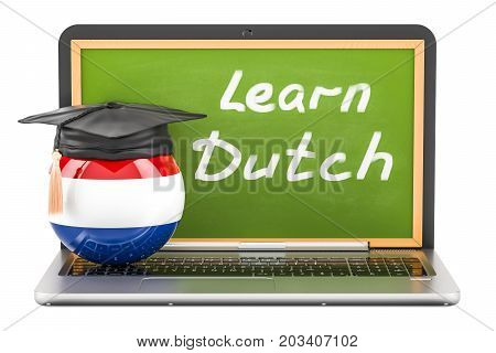 Learn Dutch concept with laptop blackboard graduation cap and flag of Netherlands 3D rendering