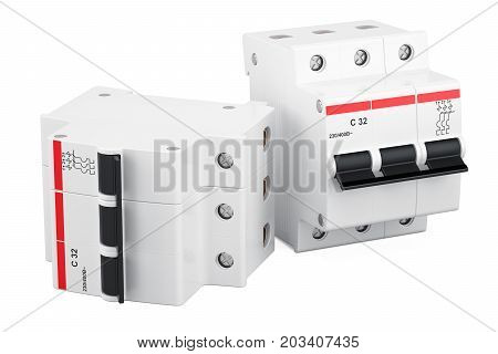 Three-pole miniature circuit breakers 3D rendering isolated on white background