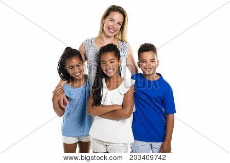 Two Afro twin child and boy posing on a white background studio with white mother