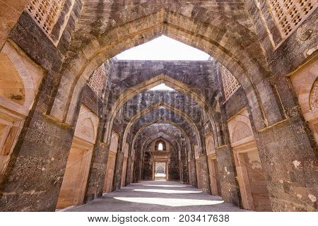 Arched architecture in the palace Jahaz Mahal . Mandu Madhya Pradesh India
