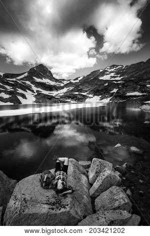 Tourist In Colorado Hiker Girl Rests At Blue Lake