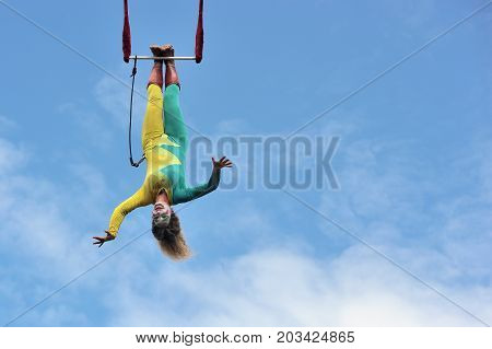 Eire Square, Galway, Ireland July , Art Festival 2017, Mobile Home, Trapeze Girl Artist Hanging Upsi