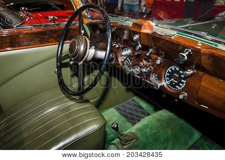 MAASTRICHT NETHERLANDS - JANUARY 08 2015: Cabin of the Jaguar Mark IV DHC. International Exhibition InterClassics & Topmobiel 2015