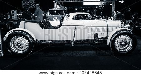 MAASTRICHT NETHERLANDS - JANUARY 08 2015: Oldtimer Alvis 35 litre MC Special. Stylization. Toning. International Exhibition InterClassics & Topmobiel 2015