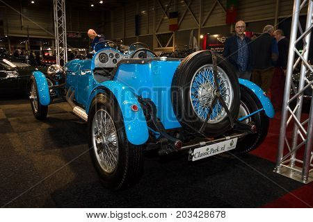 MAASTRICHT NETHERLANDS - JANUARY 08 2015: Oldtimer Alvis 35 litre MC Special. Rear view. International Exhibition InterClassics & Topmobiel 2015