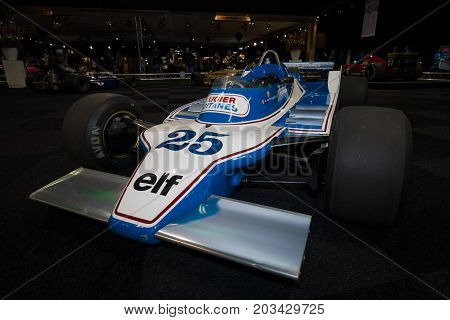 MAASTRICHT NETHERLANDS - JANUARY 08 2015: Formula One car Ligier JS11 designed by Gerard Ducarouge 1980. International Exhibition InterClassics & Topmobiel 2015