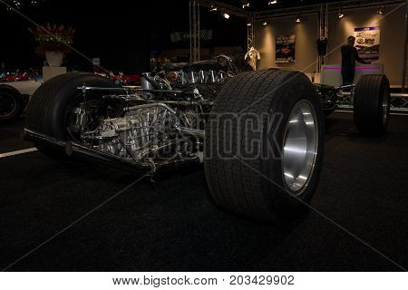 MAASTRICHT NETHERLANDS - JANUARY 08 2015: Engine of a Formula One car Lotus 49 designed by Colin Chapman and Maurice Philippe 1967. International Exhibition InterClassics & Topmobiel 2015