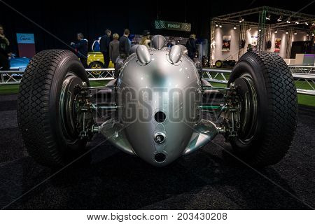 MAASTRICHT NETHERLANDS - JANUARY 08 2015: The Grand Prix racing car Auto Union Type A 1934. Rear view. International Exhibition InterClassics & Topmobiel 2015
