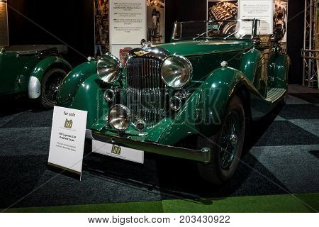 MAASTRICHT NETHERLANDS - JANUARY 08 2015: Luxury car Lagonda LG45 Drophead Coupe 1937. International Exhibition InterClassics & Topmobiel 2015