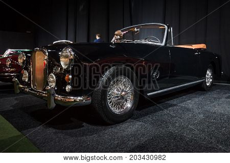 MAASTRICHT NETHERLANDS - JANUARY 08 2015: British sports car Alvis Three Litre TD21 DHC - Series I 1961. International Exhibition InterClassics & Topmobiel 2015