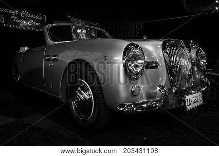 MAASTRICHT NETHERLANDS - JANUARY 08 2015: Roadster Siata Daina Trasformabile 1952. Black and white. International Exhibition InterClassics & Topmobiel 2015