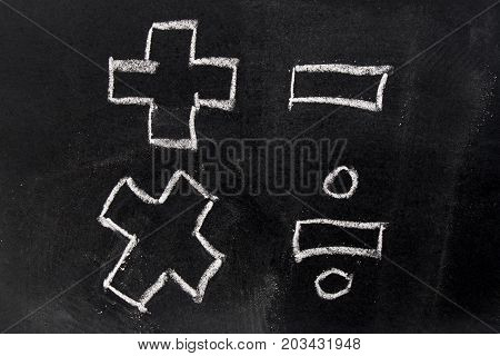 White chalk drawing in basic mathematics symbol (plus minus multiply divide) on black board background