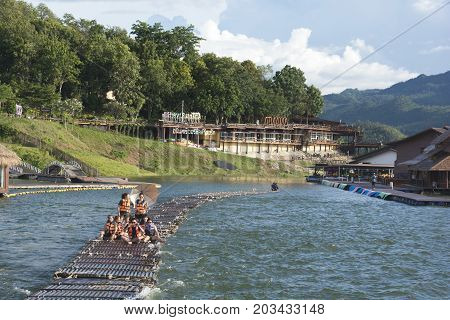 September 04, 2017 : Tourists Floating On The River By Wooden Raft In Srinakarin Dam, Kanchanaburi,