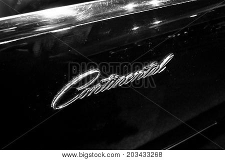 MAASTRICHT NETHERLANDS - JANUARY 08 2015: Emblem of a Lincoln Continental 1965. Black and white. International Exhibition InterClassics & Topmobiel 2015