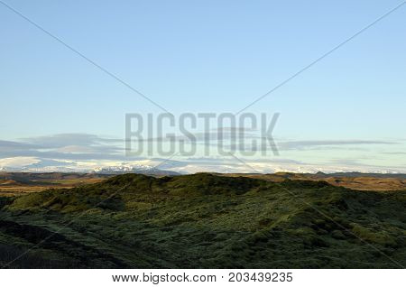 Moss-covered rocks on old lava fields in Iceland