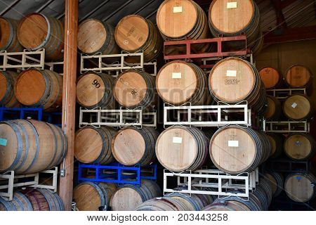 America; San Luis Obispo; USA - july 15 2016 : barrel in the cellar of the Claiborne and Churchill winery