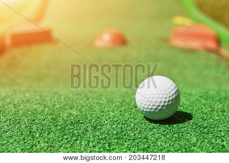 Mini-golf ball on artificial grass. Summer season game