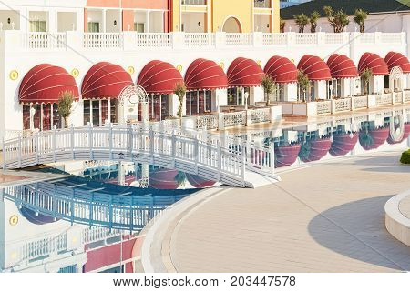 The popular resort Amara Dolce Vita Luxury Hotel. With pools and water parks and recreational area along the sea coast in Turkey. Tekirova-Kemer.